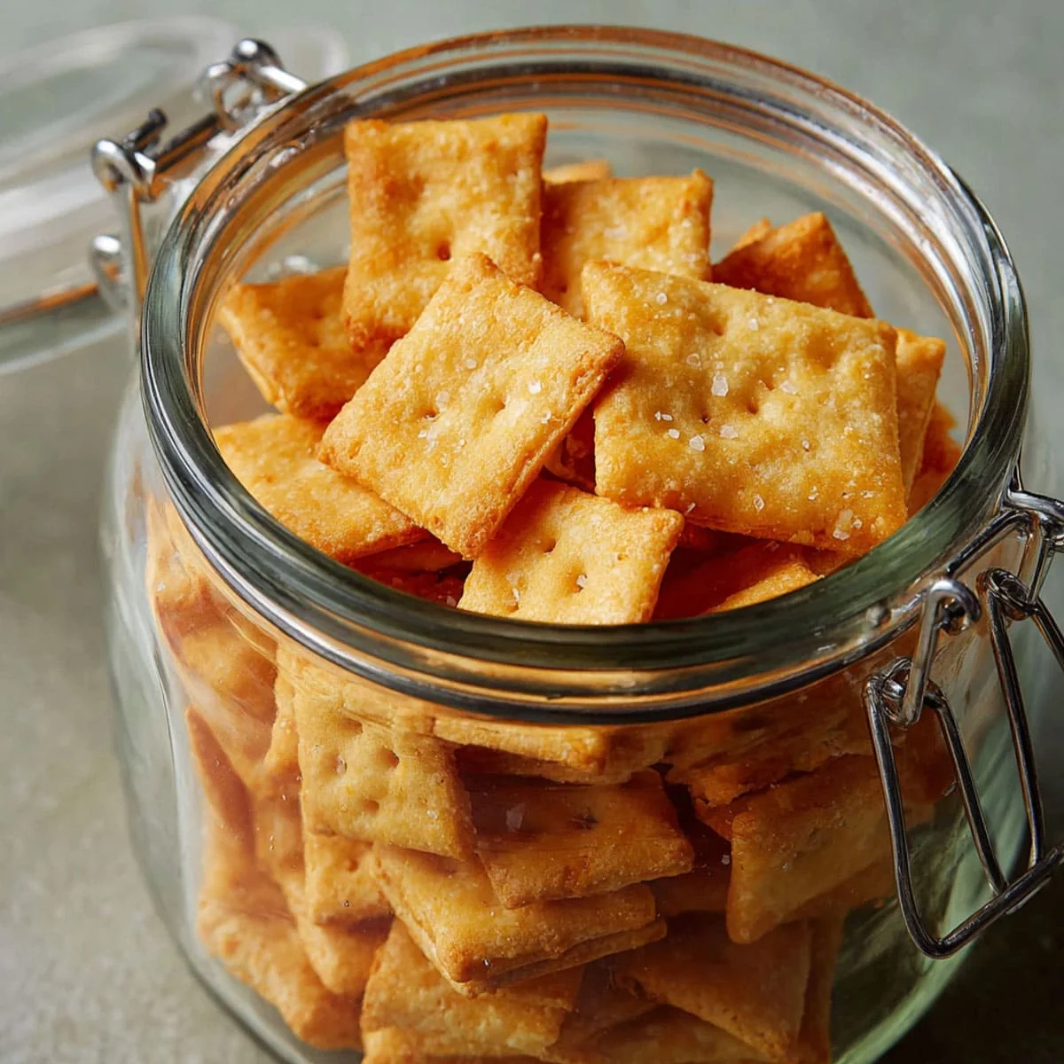 Sourdough Cheez It Crackers Recipe 7 Homemade Cheez It Crackers stored in a glass jar showing their golden, crispy texture.