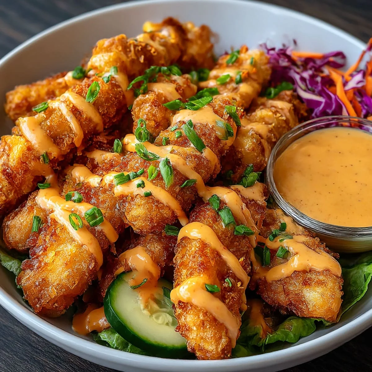 Warm Bang Bang Chicken Bowl with golden chicken, creamy sauce, and winter vegetables in a cozy bowl.