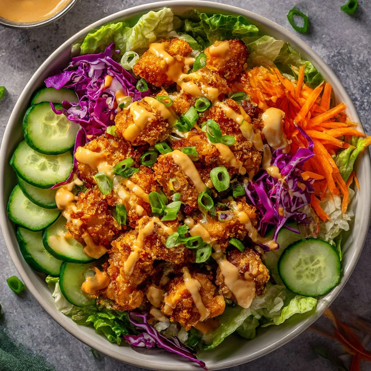Close-up of Bang Bang Chicken Bowl featuring sweet and spicy chicken, shredded carrots, cucumbers, and Bang Bang sauce.