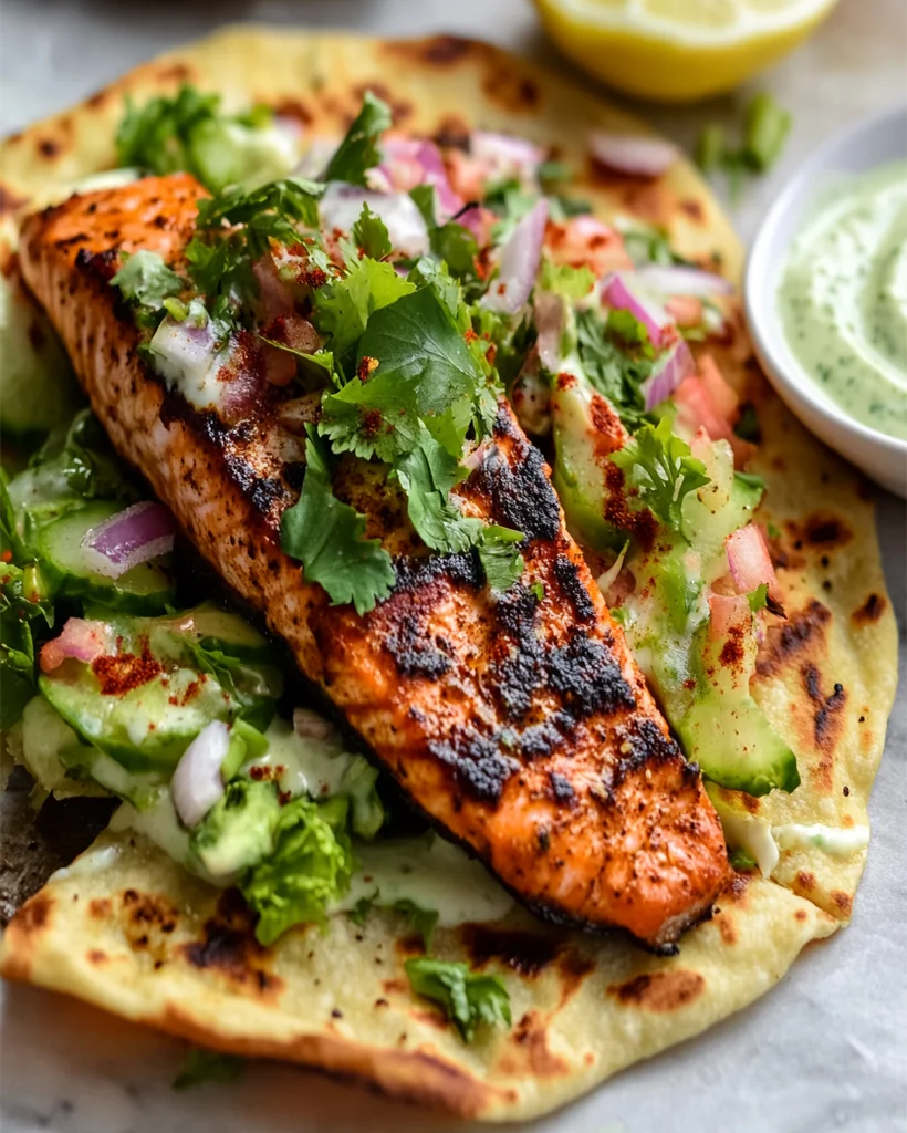 Blackened Salmon Recipe: Grilled Naan with Lime Slaw