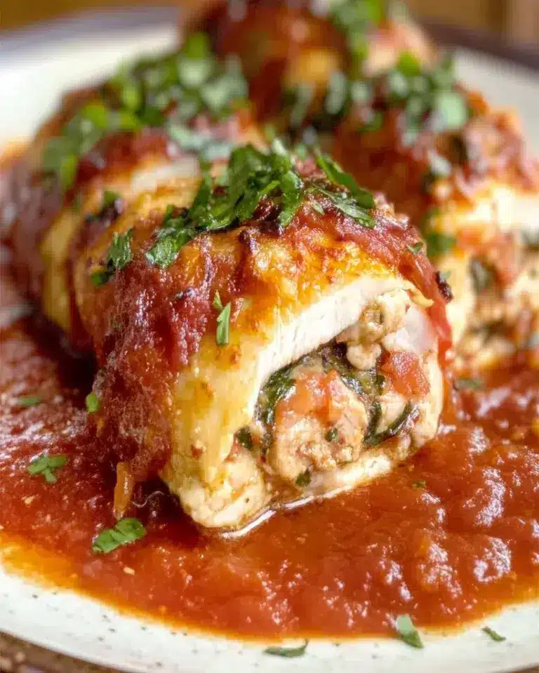 Golden chicken braciole stuffed with parmesan and pancetta, sliced to show the savory filling inside