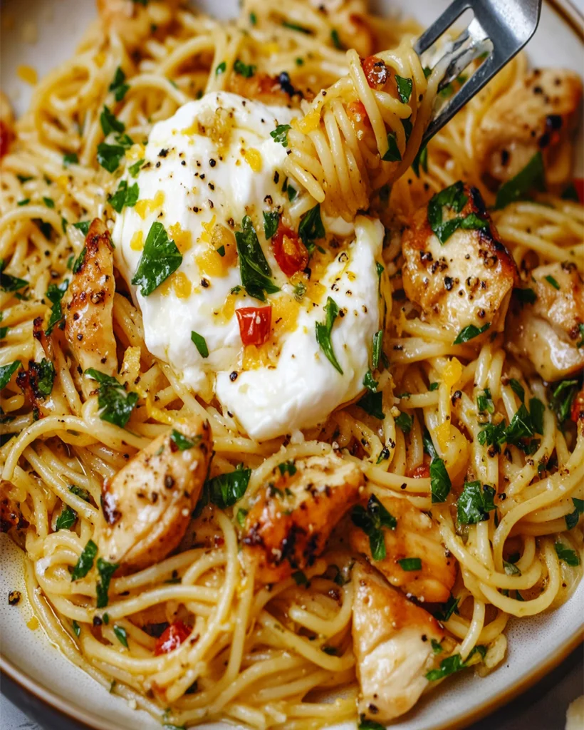 Chicken Spaghetti with Burrata & Lemon Garlic Sauce Recipe