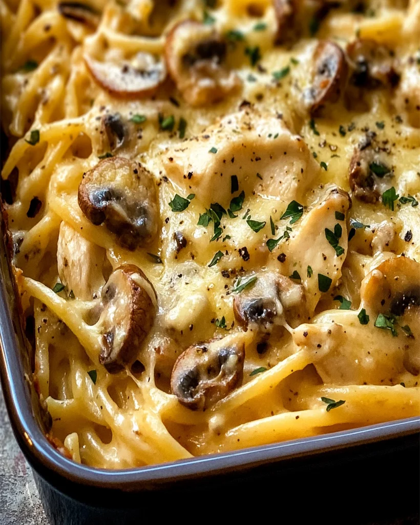 Creamy Chicken Tetrazzini Pasta Bake Recipe with Mushrooms