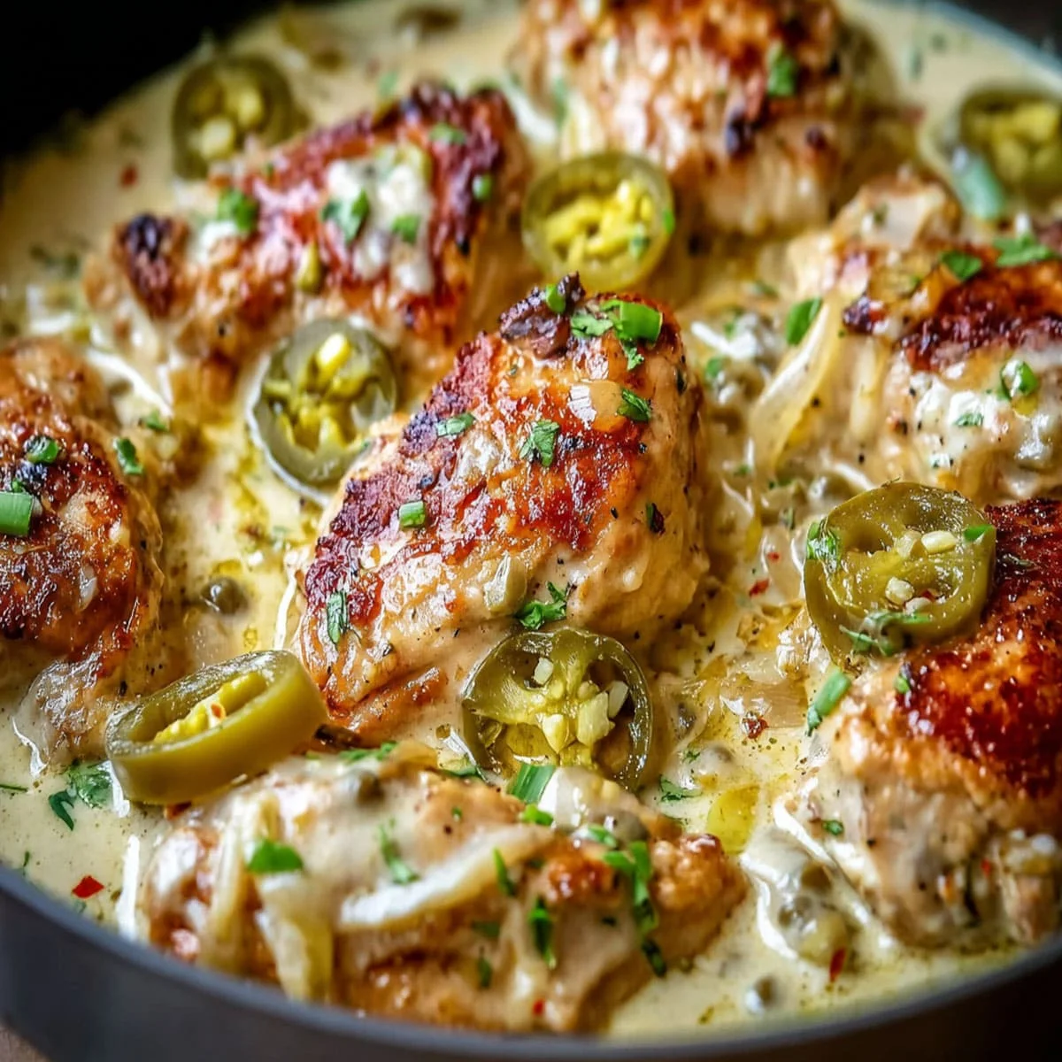 Overhead view of creamy pepperoncini chicken skillet with golden seared chicken, creamy sauce, and bright green peppers.