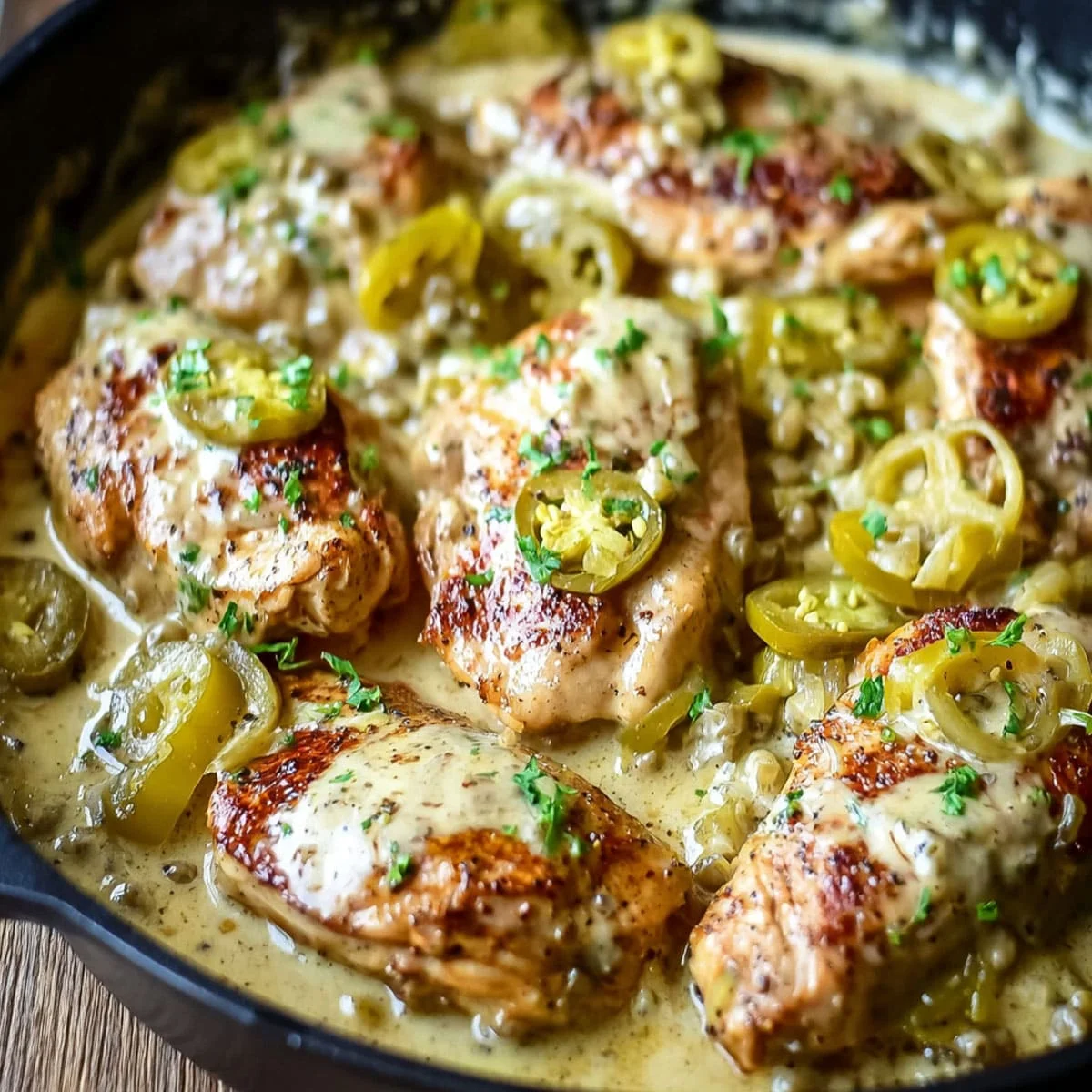 Skillet filled with chicken in creamy pepperoncini sauce garnished with herbs and sliced pickled peppers for a savory dinner.