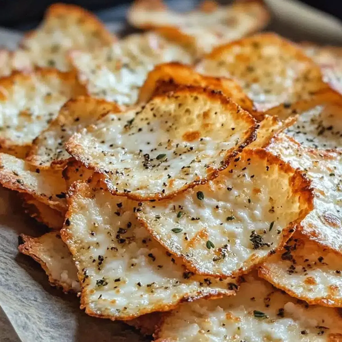 Golden baked cottage cheese chips sprinkled with herbs and black pepper, a high-protein, low-carb snack alternative to potato chips.