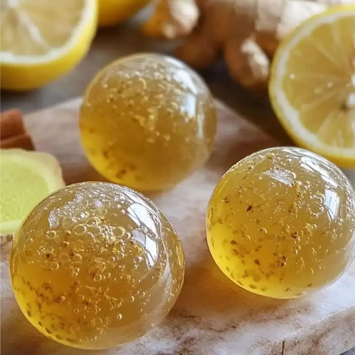 Homemade Flu Cold Tea Bombs glistening with honey and lemon, perfect for winter wellness and cold season remedies.
