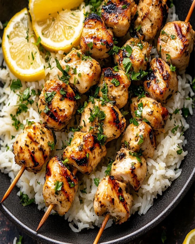 Greek Chicken Skewers with Lemon Rice - Easy & Flavorful