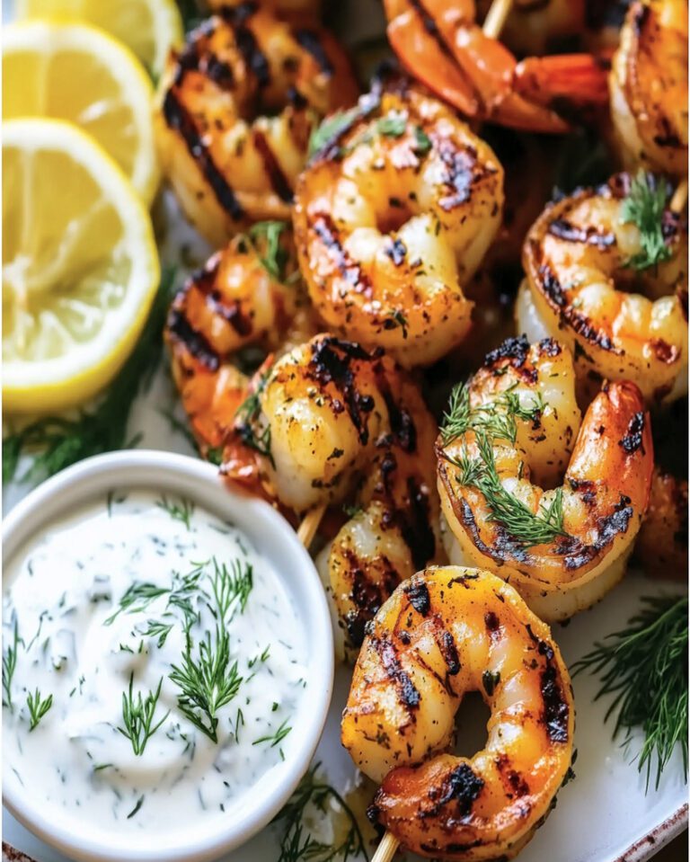 Greek-Marinated Shrimp Skewers Recipe with Lemon-Dill Sauce