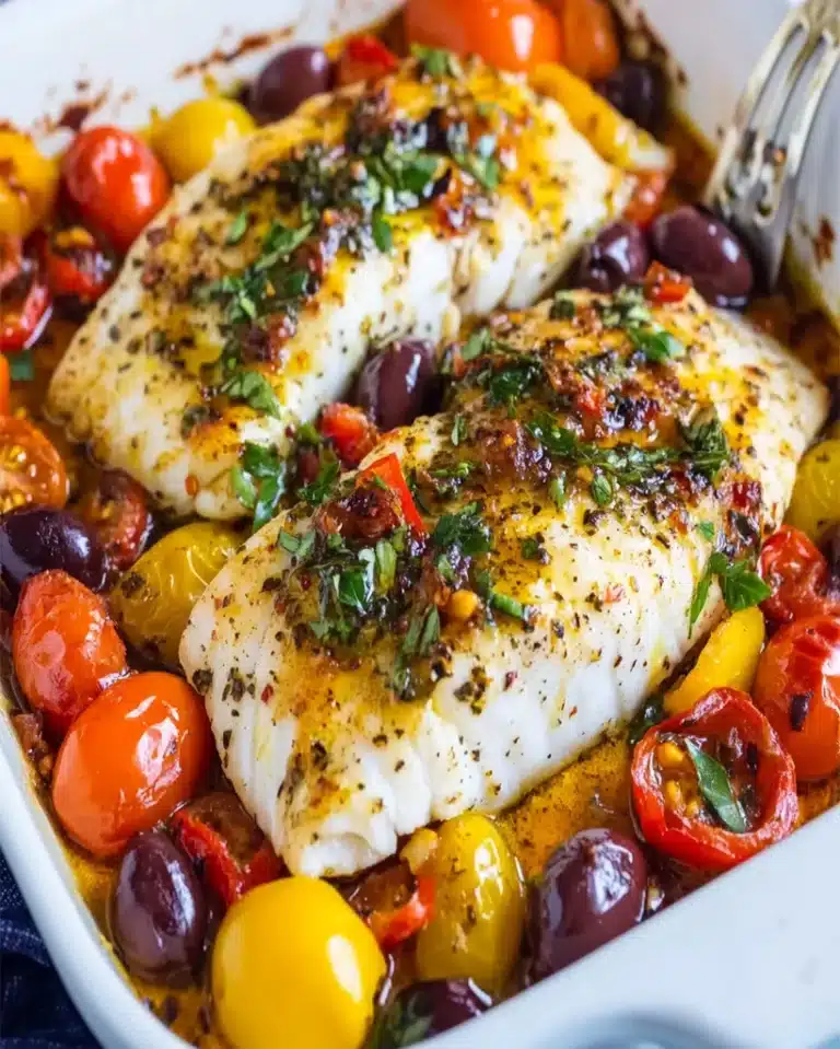 Golden baked fish fillet with Mediterranean herbs and vegetables in a white baking dish, fresh from the oven