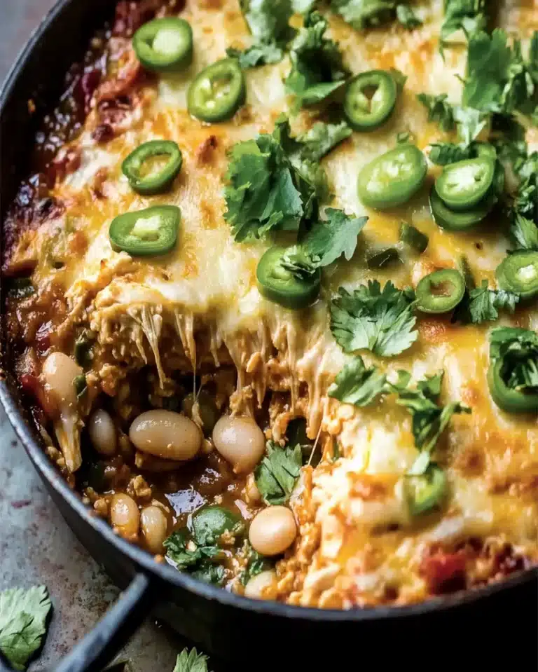 One Skillet White Chicken Chili Bake - Easy Dinner Recipe