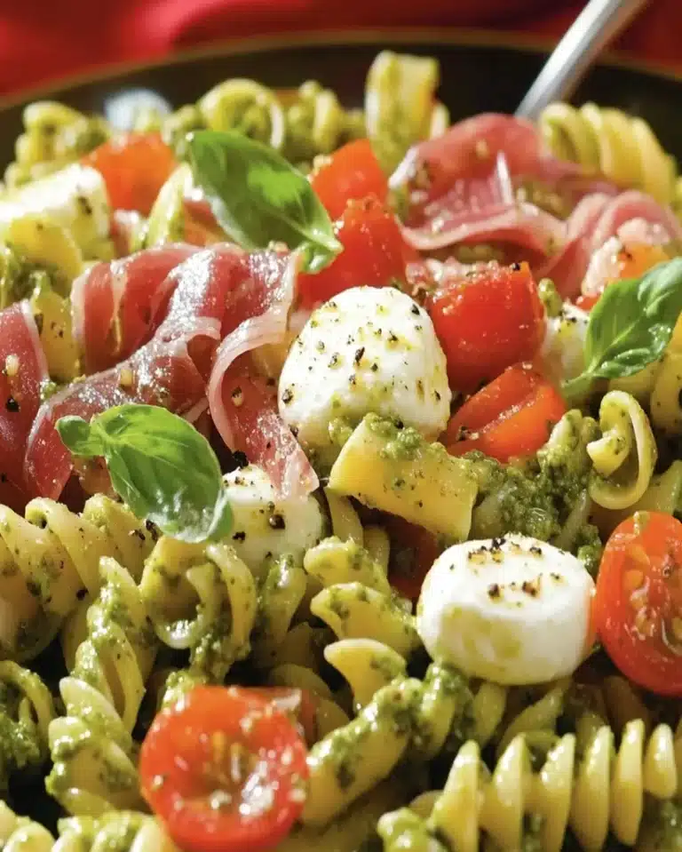 Salade de pâtes au pesto, jambon cru et mozzarella Recipe