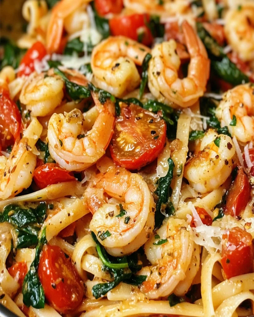 Shrimp Tomato Spinach Pasta - Easy Garlic Butter Recipe