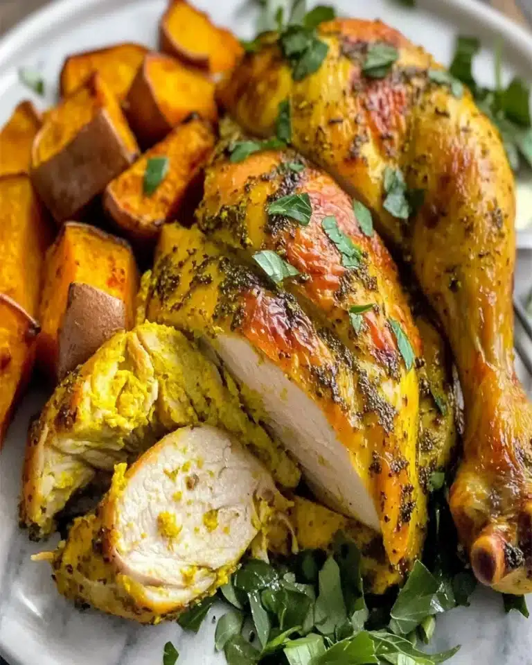 Turmeric Roasted Chicken and Sweet Potatoes Recipe | Healthy One-Pot Dinner