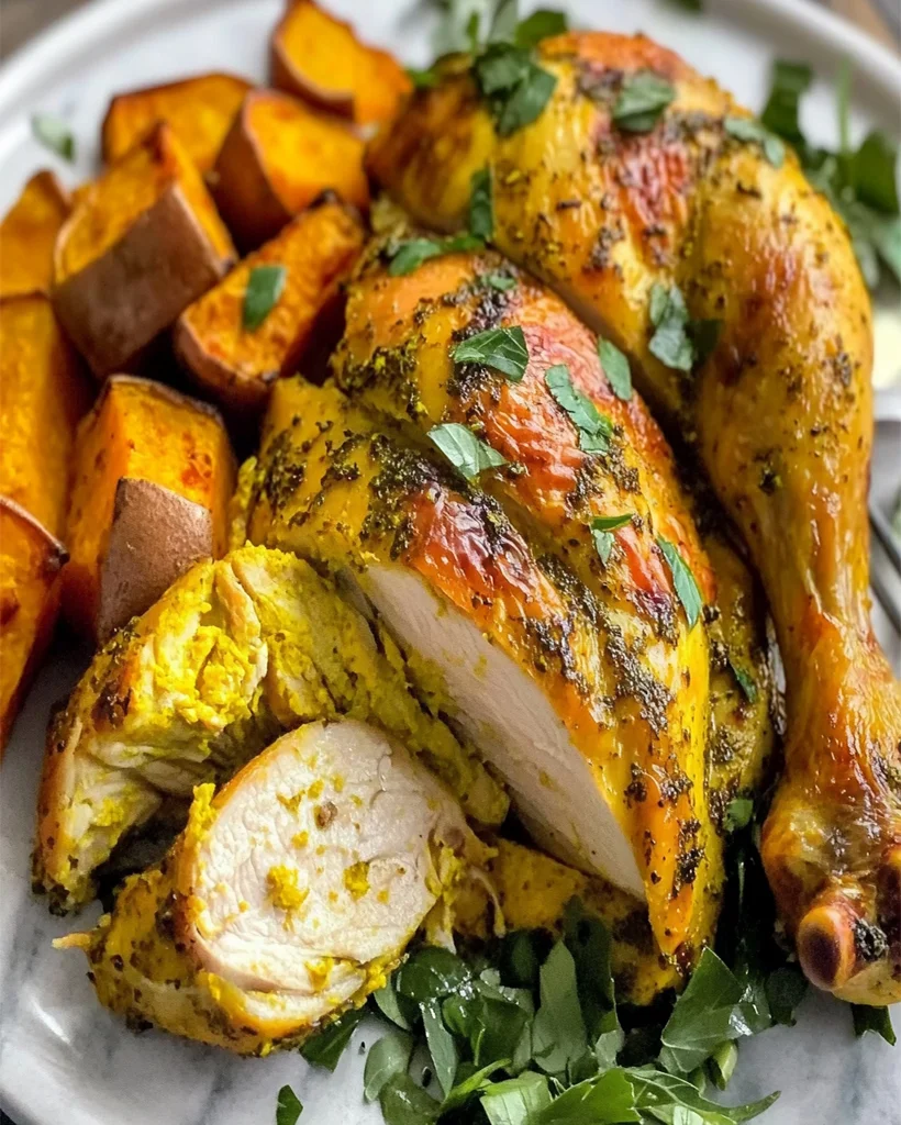 Turmeric Roasted Chicken and Sweet Potatoes Recipe | Healthy One-Pot Dinner