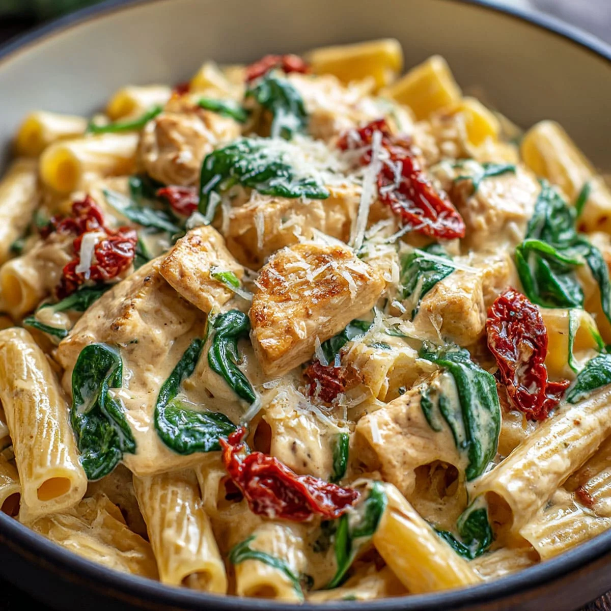 Bowl of creamy Tuscan chicken pasta topped with seared chicken and herbs