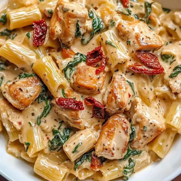 Close-up of creamy Tuscan chicken pasta with sun-dried tomatoes and spinach