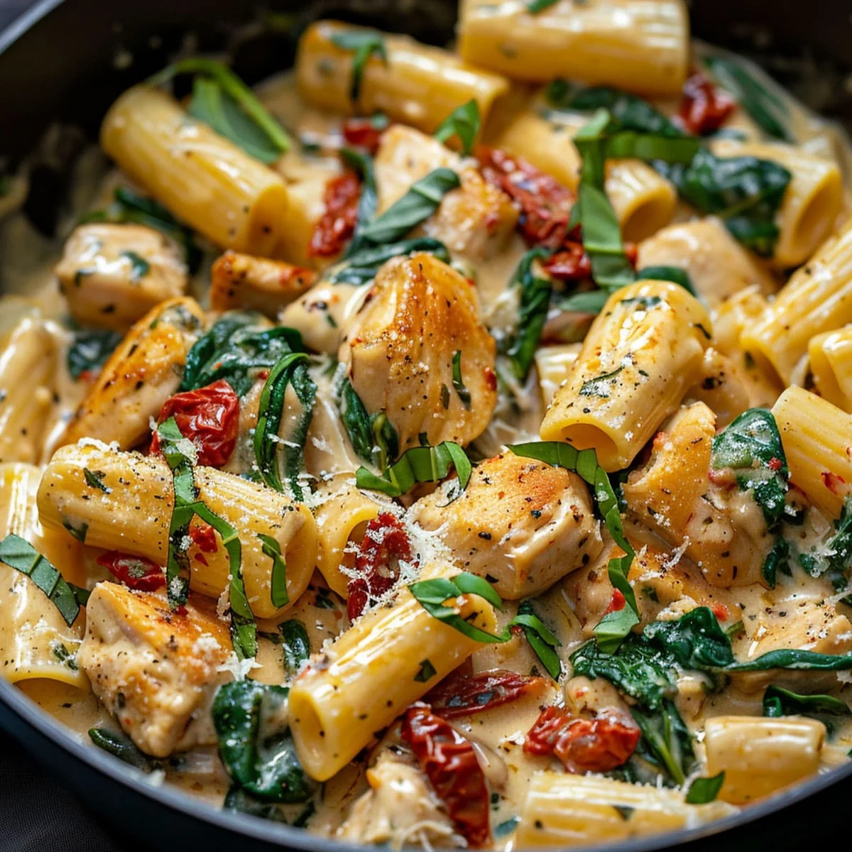 Restaurant-style creamy Tuscan chicken pasta garnished with parsley and sun-dried tomatoes