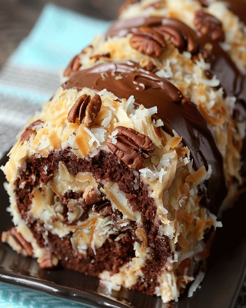 German Chocolate Coconut Pecan Roll Cake Delight