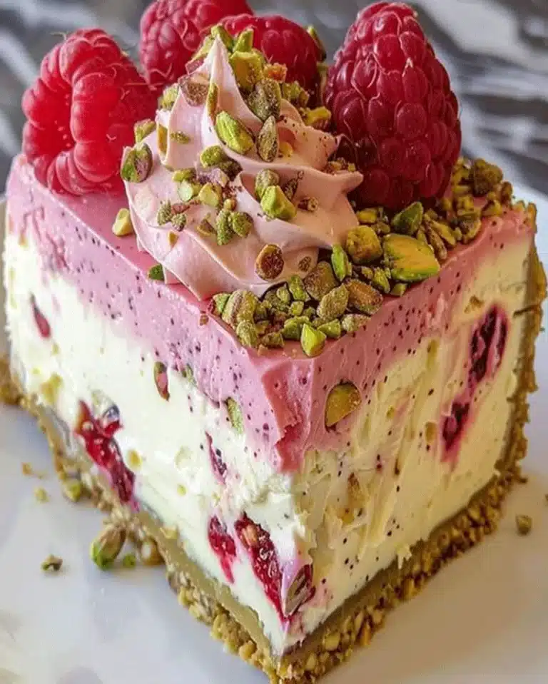 Creamy pistachio raspberry cheesecake with vibrant pink and green swirls on a white plate
