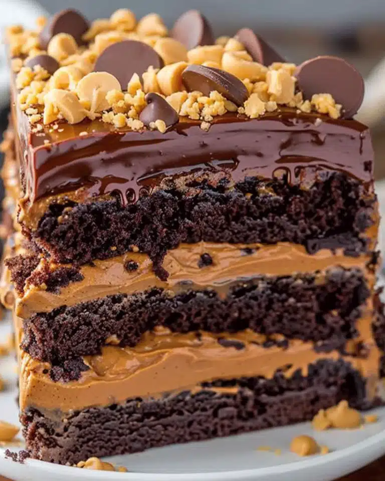 Slice of chocolate peanut butter ooey gooey cake with melted center and rich fudgy layers on white plate