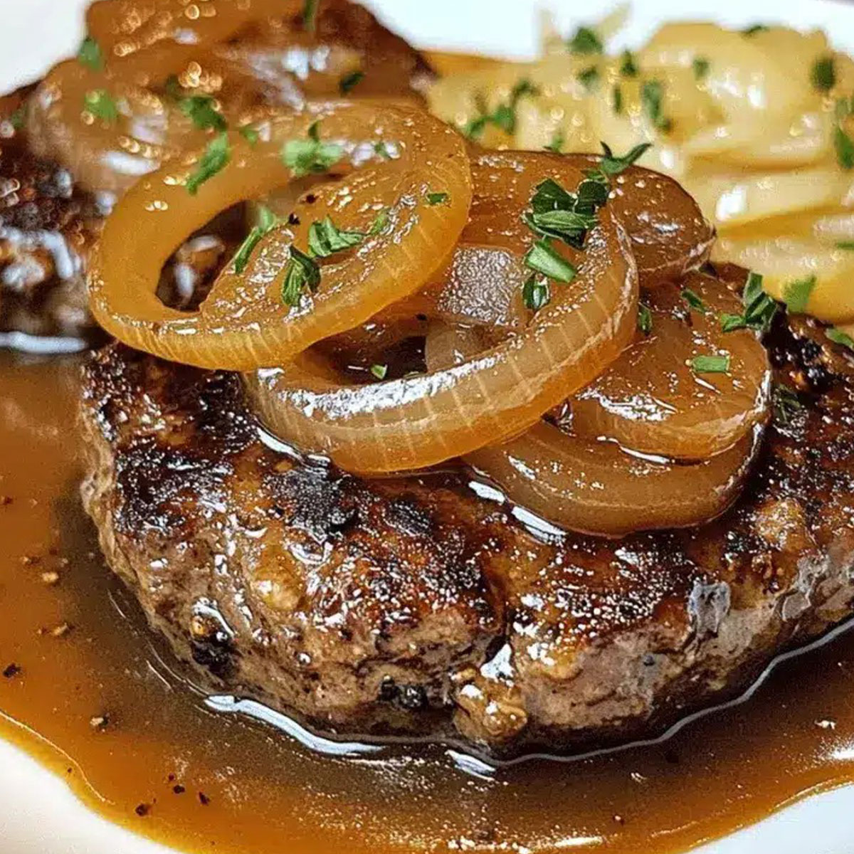 Juicy hamburger steak with onion gravy topped with caramelized onions and parsley.