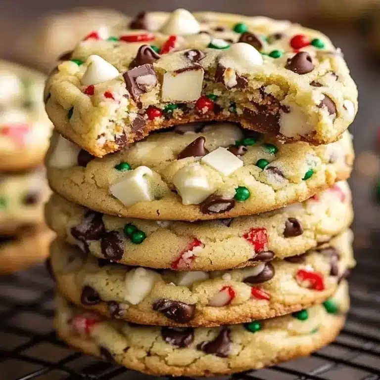 Festive Christmas chocolate chip cookies with red and green sprinkles on a cooling rack