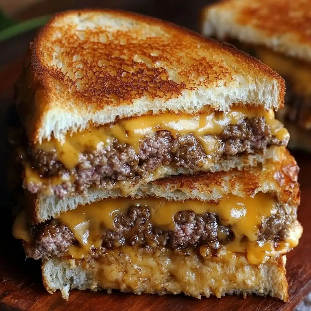 Ultimate Cheesy Ground Beef Melt – Irresistible Comfort Food 6 Close-up of a grilled beef and cheese sandwich oozing with cheddar