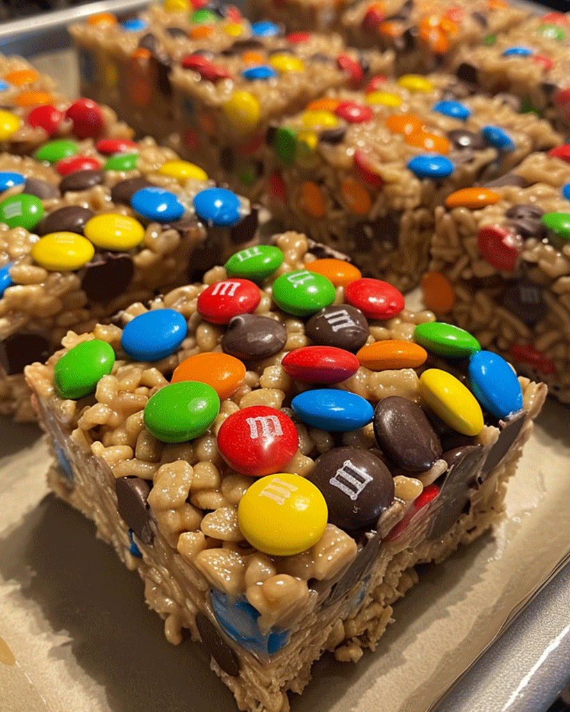 Peanut Butter Rice Krispie Treats with M&M's – Easy Recipe