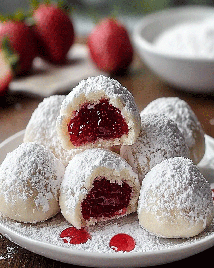 Strawberry-Filled Almond Snowball Cookies – Delightful Treats