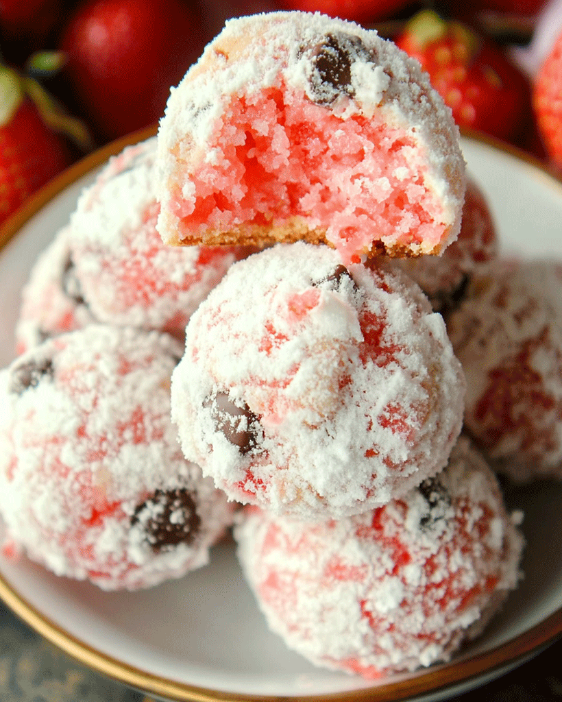 Strawberry Chocolate Chip Snowball Cookies