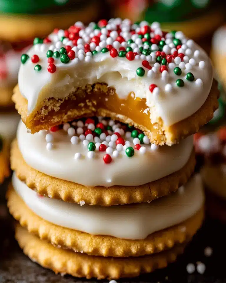Caramel Ritz Cracker Christmas Cookies with white chocolate and festive sprinkles
