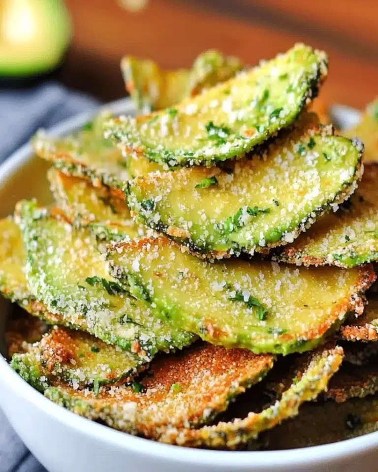 Golden crispy avocado chips arranged on a plate, showing the perfectly baked texture of this healthy snack recipe