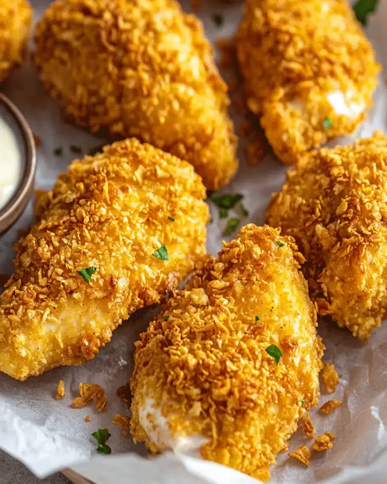 Golden chicken strips dinner being prepared with crunchy cornflake coating in kitchen