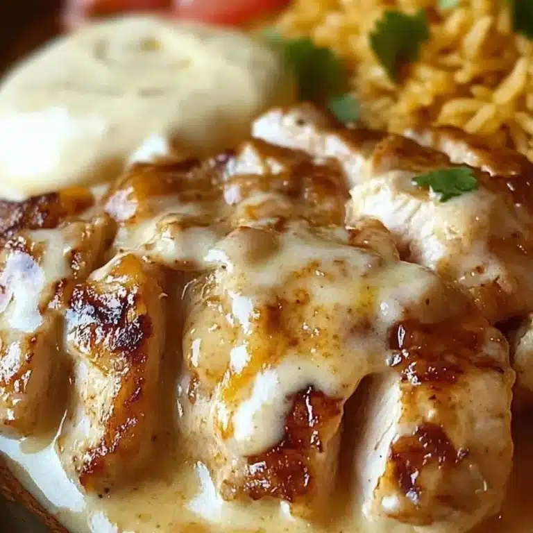 Grilled Pollo Loco chicken topped with creamy sauce and served with rice