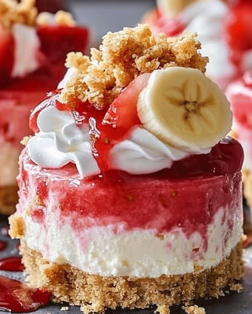 No-Bake Mini Strawberry Banana Pudding Crunch Cheesecakes Recipe