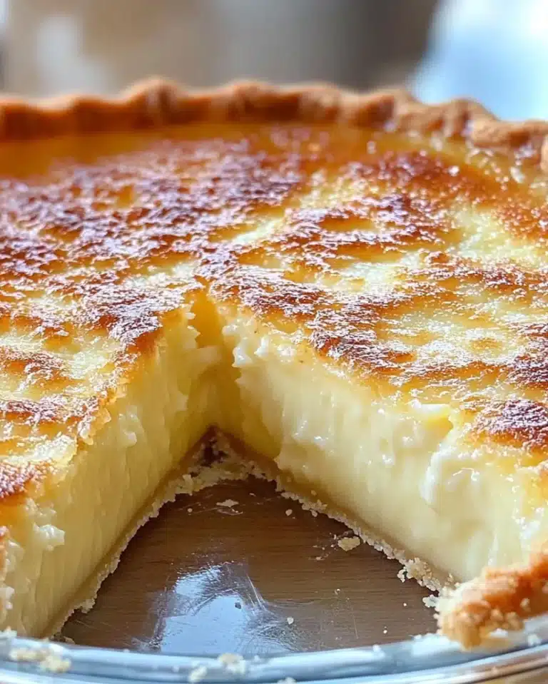 Golden egg custard pie with smooth creamy filling and flaky pastry crust on white plate
