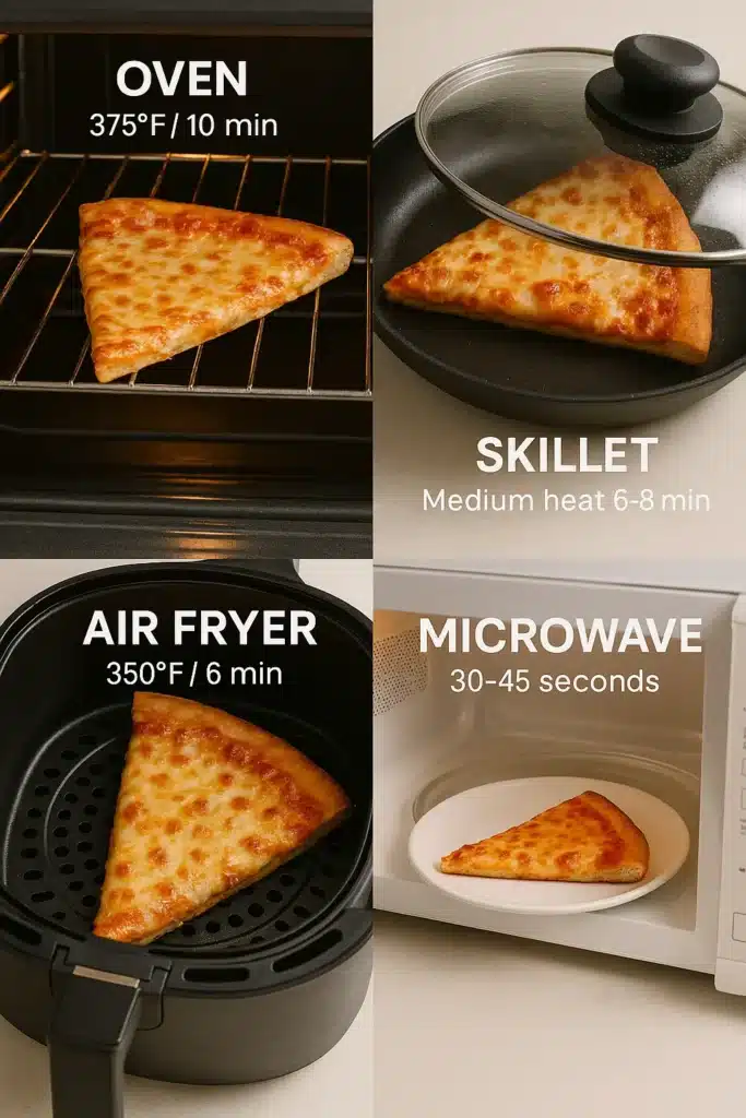 Best Costco Pizza Nutrition: 8 Complete Facts You Need to Know 4 Four ways to reheat Costco pizza: oven (375°F/10 min), skillet (medium heat/6-8 min), air fryer (350°F/6 min), and microwave (30-45 seconds)