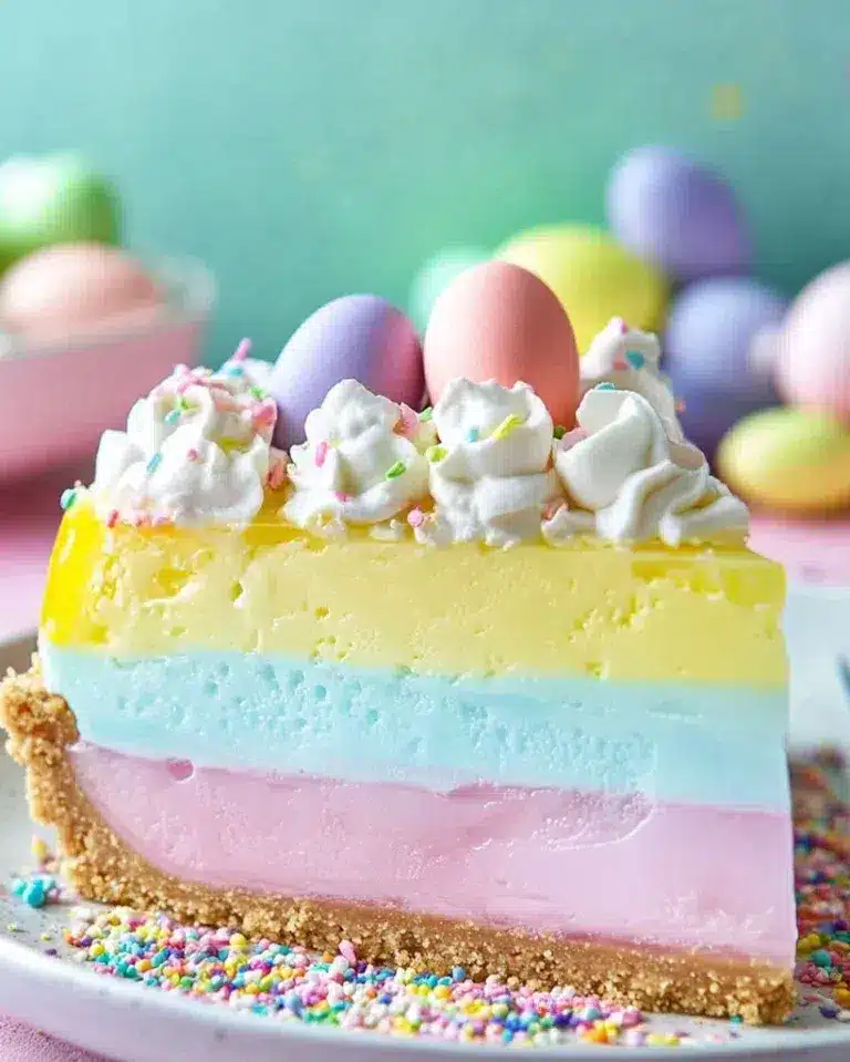 Easter jello pie recipe with colorful layered gelatin and whipped cream in graham cracker crust on white plate