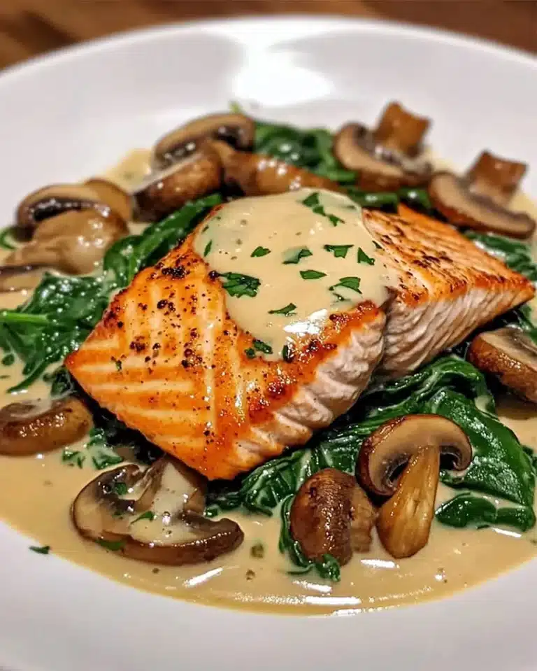Garlic butter salmon with spinach mushrooms cooking in creamy sauce in a black skillet