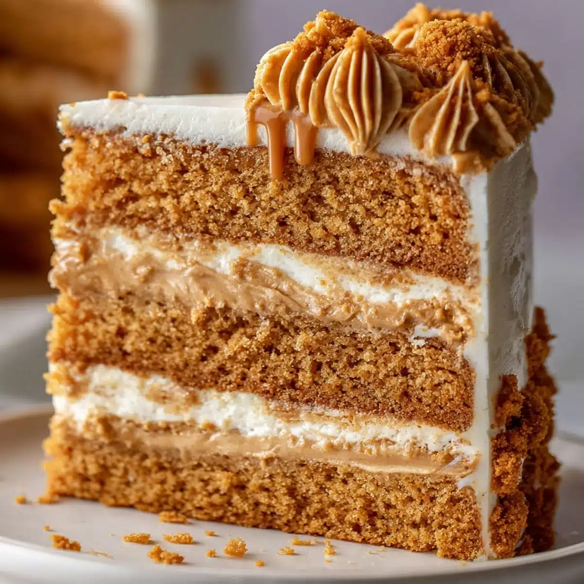 Step-by-step process of assembling Biscoff Cake layers with frosting