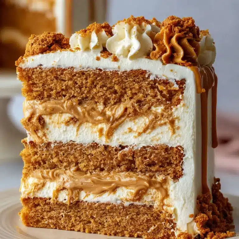 Slice of Biscoff Cake with layers of cookie butter and whipped cream frosting