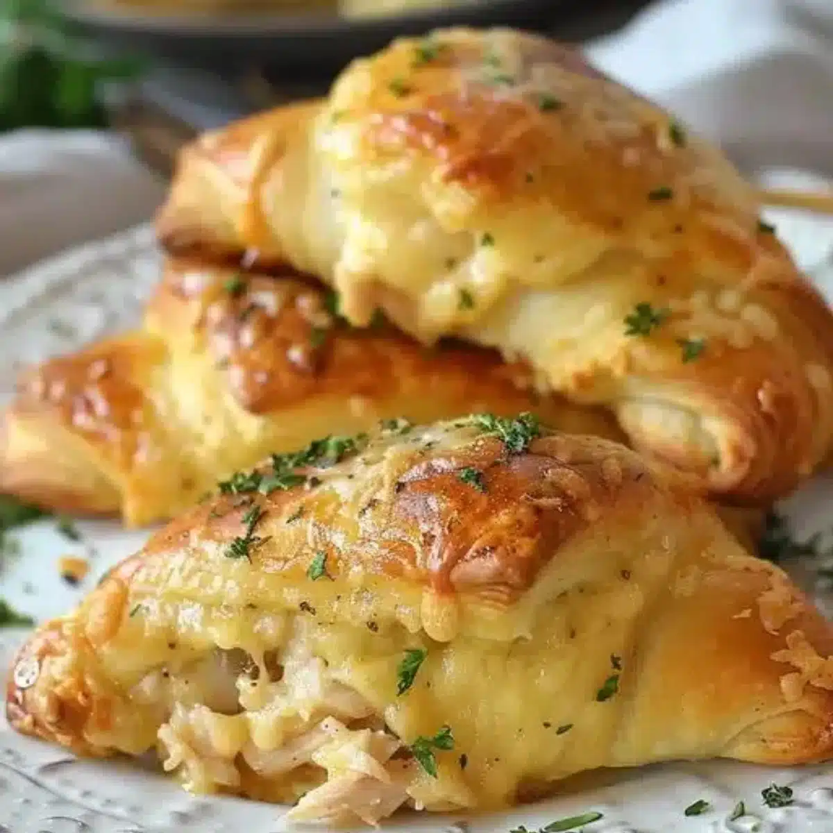 Golden brown Chicken Stuffed Crescent Rolls fresh from the oven showing melted cheese and flaky layers