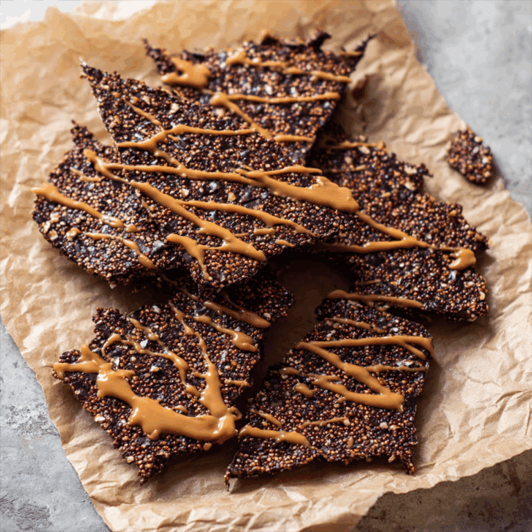 Chocolate quinoa crisps broken into pieces on parchment paper with peanut butter drizzle - homemade healthy snack recipe