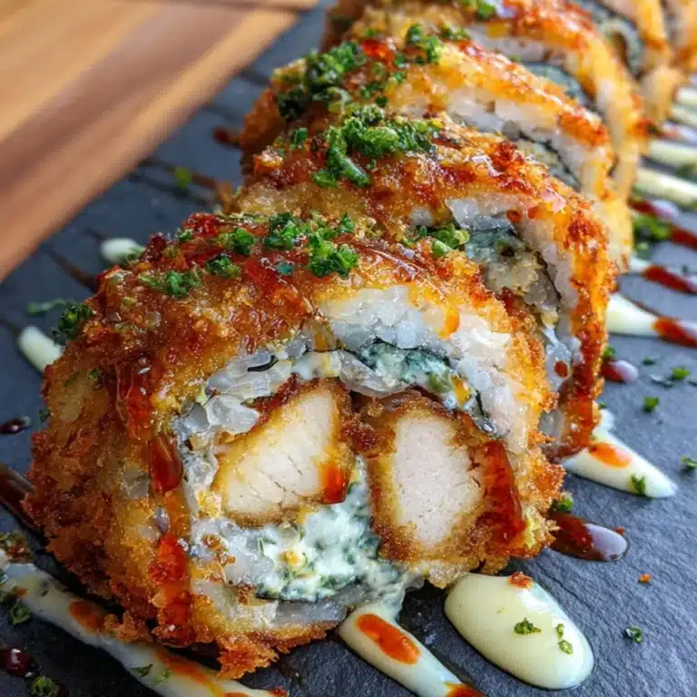 Homemade crispy chicken tempura roll with golden fried chicken, avocado, and sesame seeds on a white plate