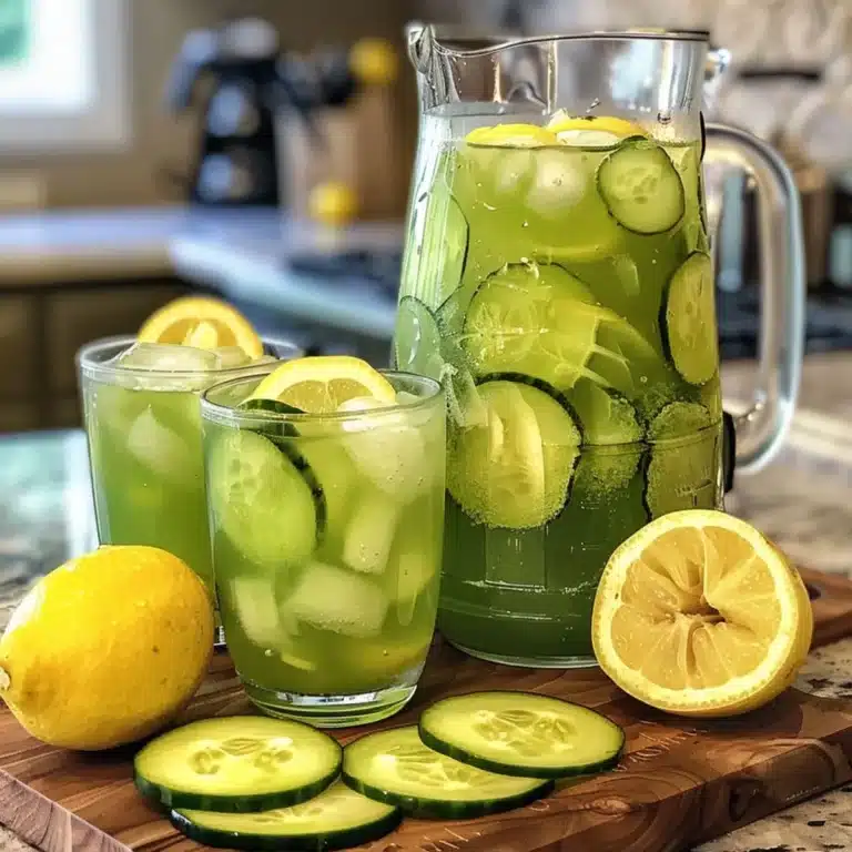A glass of cucumber lemonade with lemon and cucumber slices, served over ice for a cool summer drink