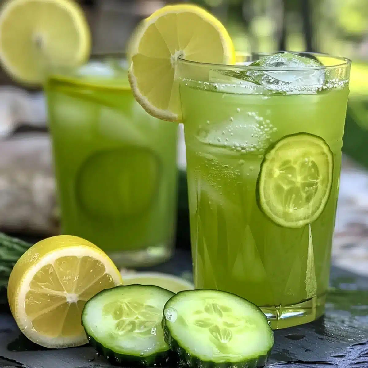 Two glasses of cucumber lemonade with ice and lemon slices, perfect for a refreshing homemade drink