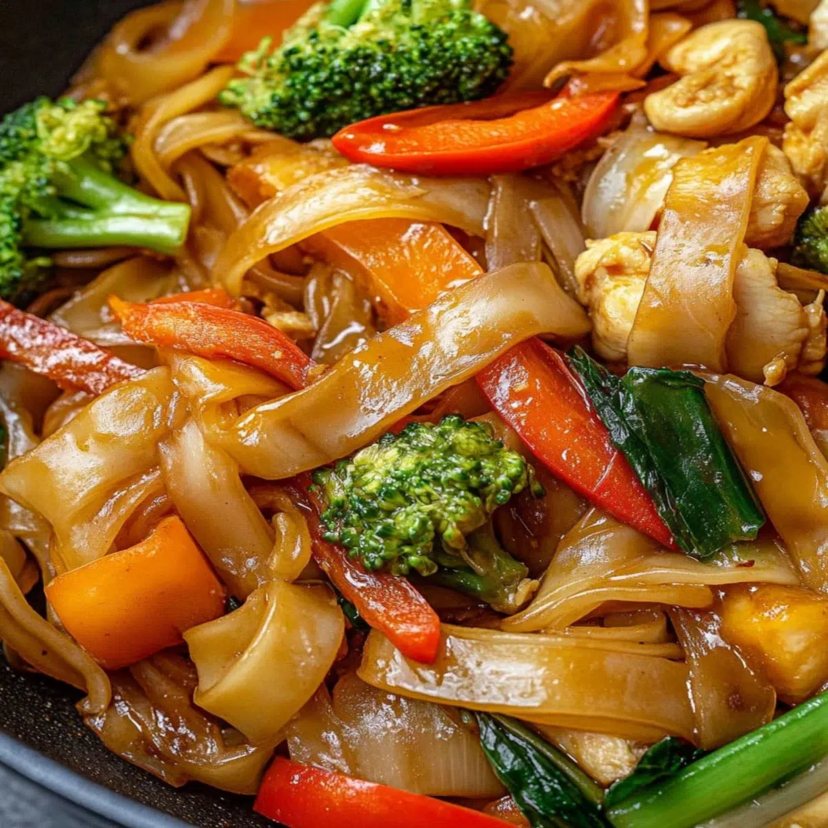 Close-up of Pad Kee Mao noodles with vibrant peppers and basil