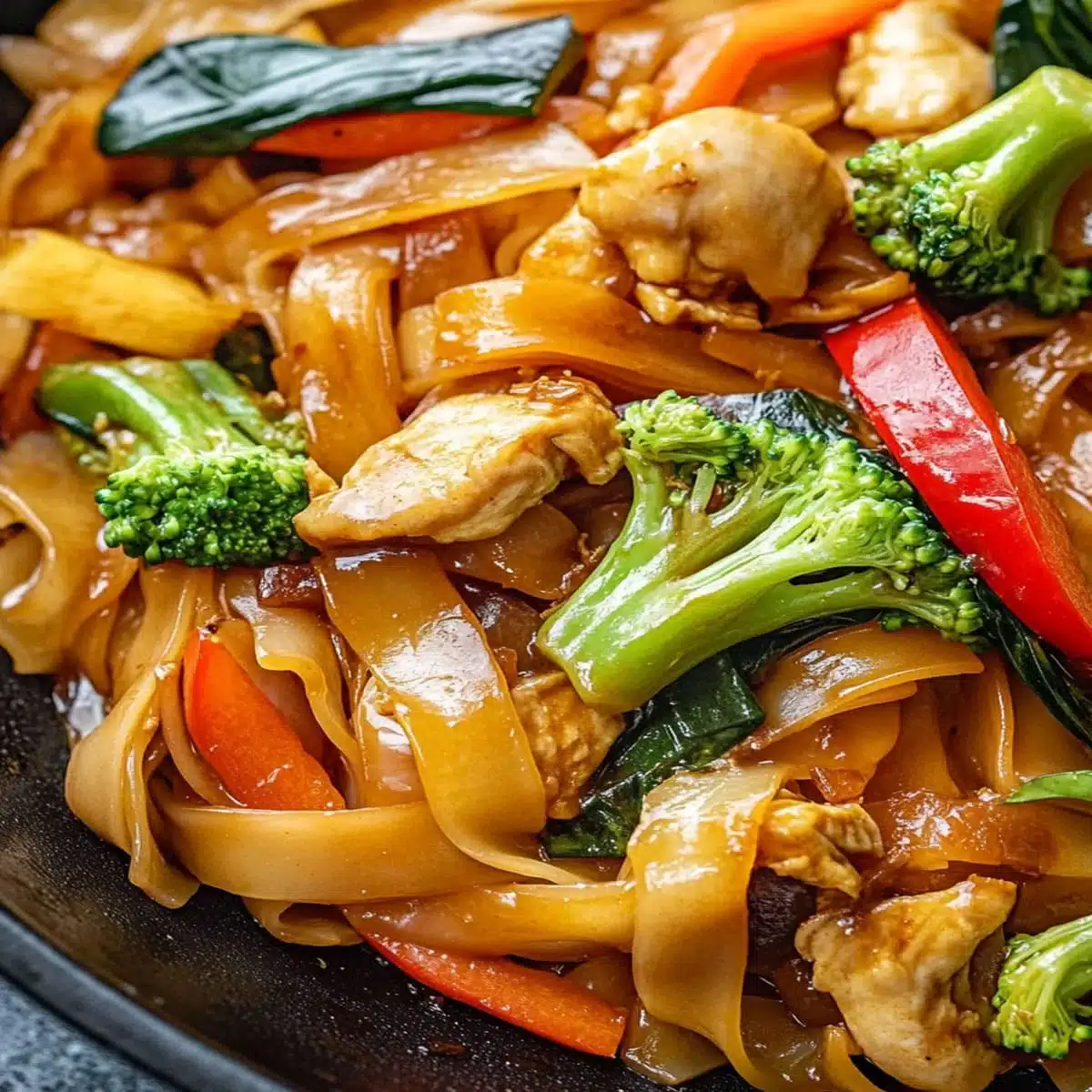 Close-up of Pad Kee Mao noodles with vibrant peppers and basil
