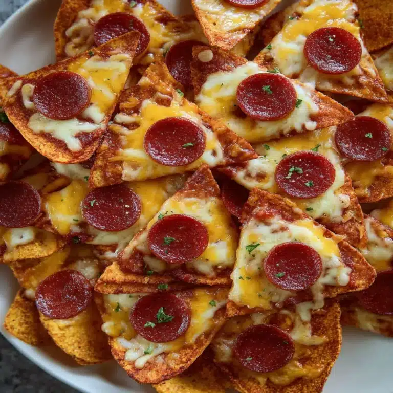Pizza chips with melted mozzarella and mini pepperoni on baked tortilla wedges